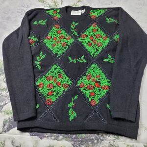 Cedars Vintage Holiday Sweater Beaded Holly Berry Lambswool Angora size Medium